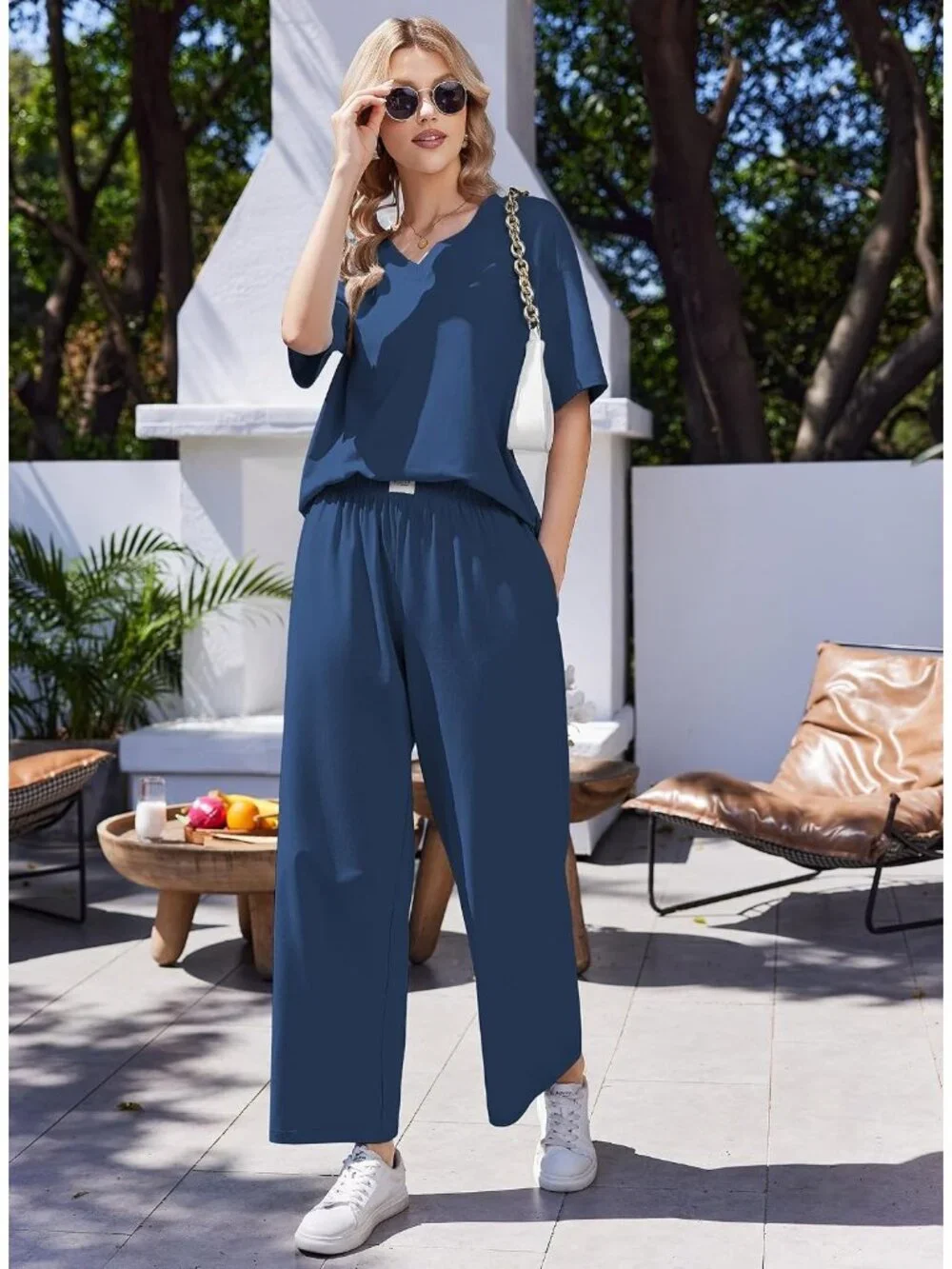 Women's Navy Cotton Short Sleeve Sleepwear Pant Pockets Pajama Set